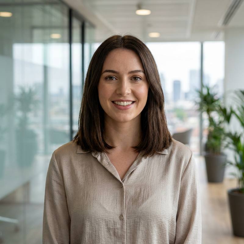 A smiling Revulnox client adviser standing in a light, modern London office with city views in the background