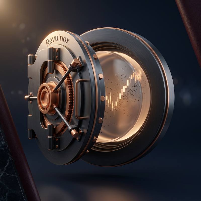 The Revulnox vault: a brushed-steel door with copper fittings swinging open to reveal a rising candlestick chart inside