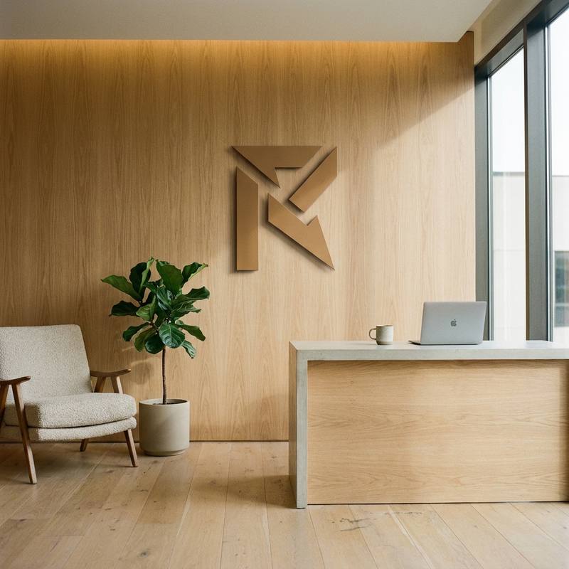 Revulnox headquarters reception in London: a pale oak-panelled wall carrying the bronze Revulnox mark, a fiddle-leaf fig, a lounge chair and a desk in soft daylight